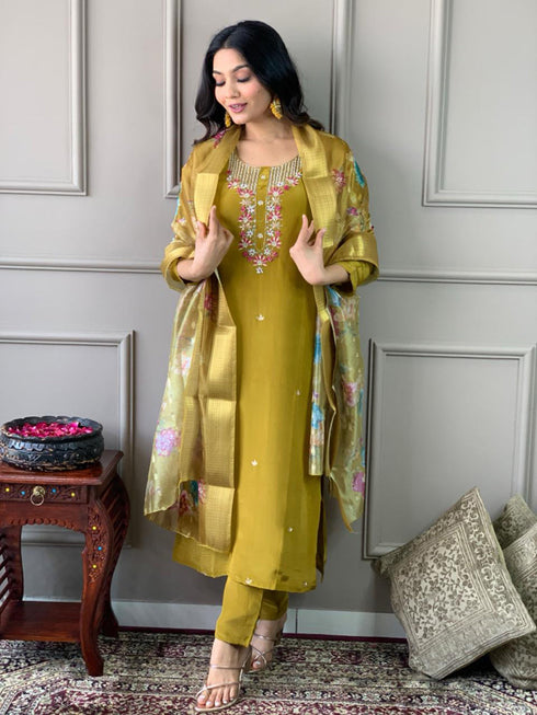Mustard Viscose Chanderi Pant Suit Acy1226
