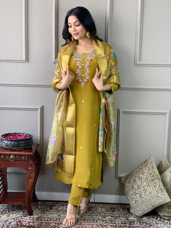 Mustard Viscose Chanderi Pant Suit Acy1226