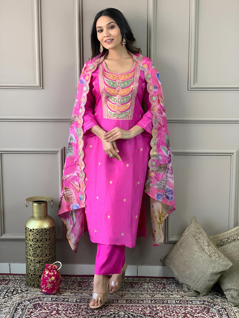 Pink Viscose Chanderi Pant Suit Acy1227 Closure View