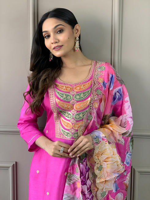 Pink Viscose Chanderi Pant Suit Acy1227 Back View