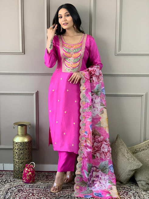 Pink Viscose Chanderi Pant Suit Acy1227