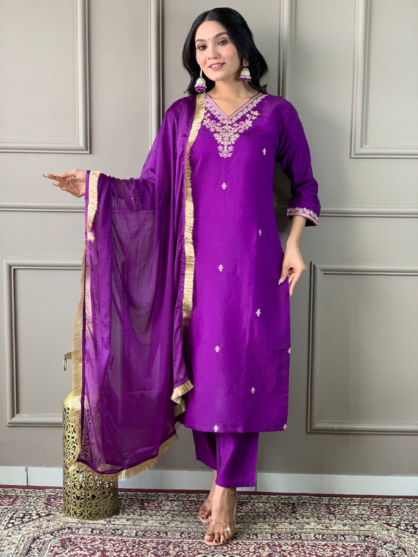 Purple Viscose Chanderi Pant Suit Acy1229
