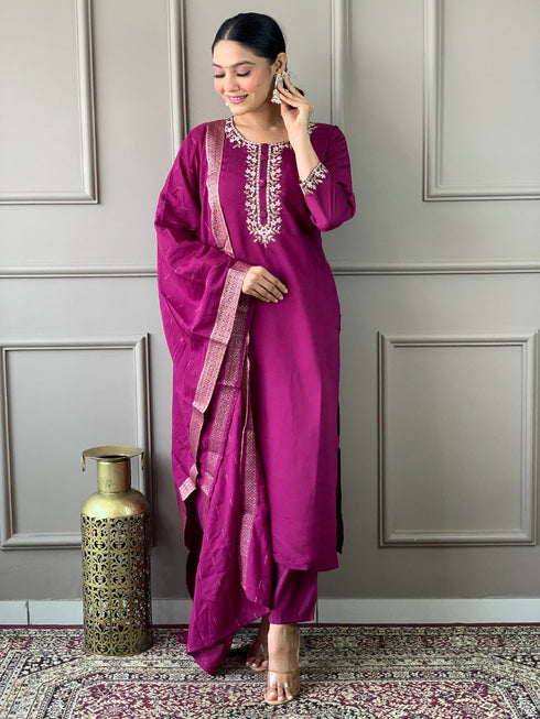 Burgundy Viscose Chanderi Pant Suit Acy1230