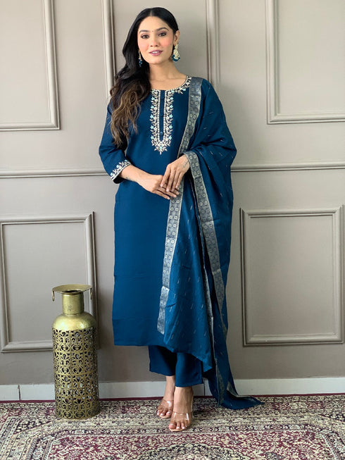 Blue Viscose Chanderi Pant Suit Acy1231