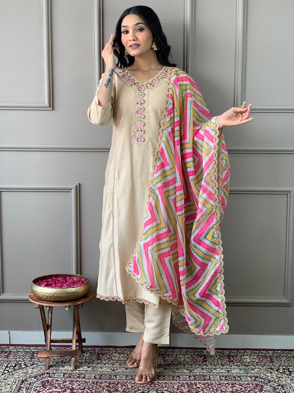 Beige Viscose Chanderi Pant Suit Acy1256