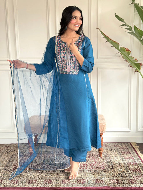 Teal Blue Viscose Chanderi Pant Suit Acy1261