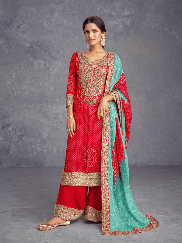 Red Chinon Palazzo Suit Acy1436