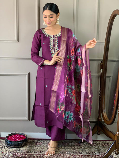 Purple Viscose Chanderi Pant Suit Acy1440