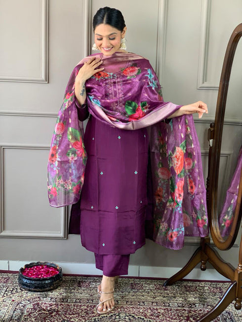 Purple Viscose Chanderi Pant Suit Acy1440 Back View