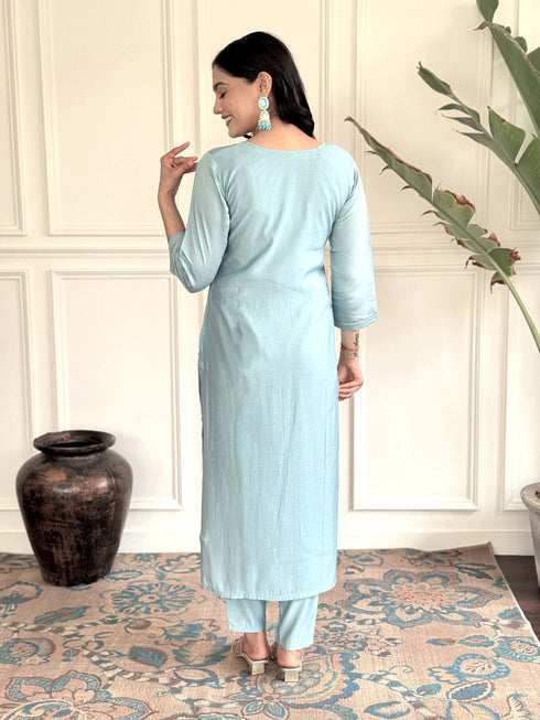 Sky Blue Viscose Chanderi Pant Suit Acy1442 Back View