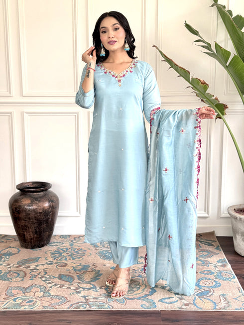 Sky Blue Viscose Chanderi Pant Suit Acy1442