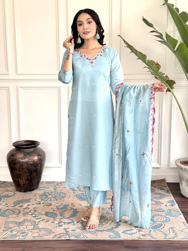 Sky Blue Viscose Chanderi Pant Suit Acy1442