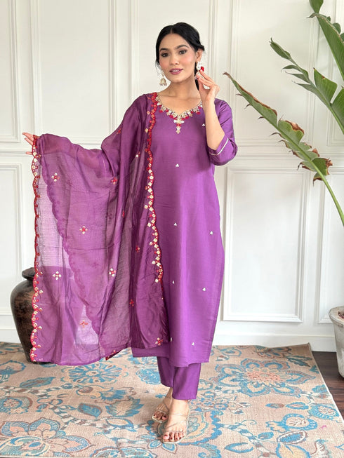 Purple Viscose Chanderi Pant Suit Acy1443