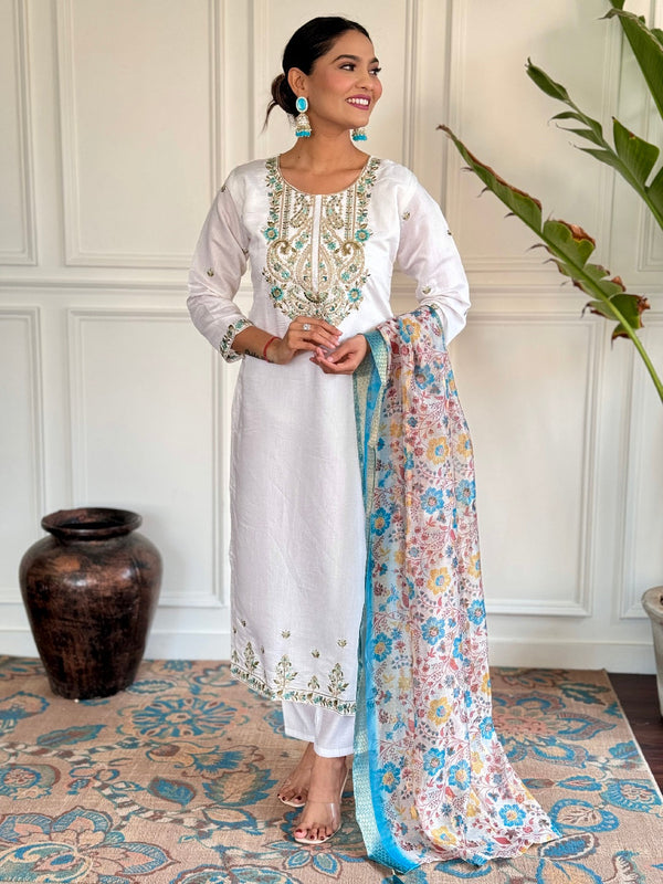 White Viscose Chanderi Pant Suit Acy1445