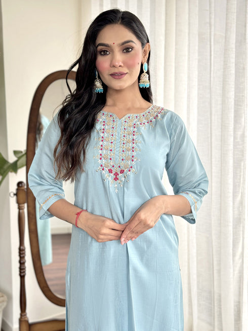 Sky Blue Viscose Chanderi Pant Suit Acy1447 Closure View