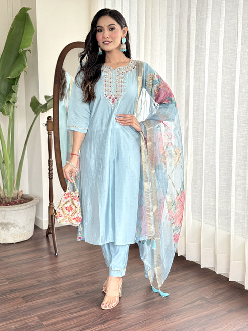 Sky Blue Viscose Chanderi Pant Suit Acy1447