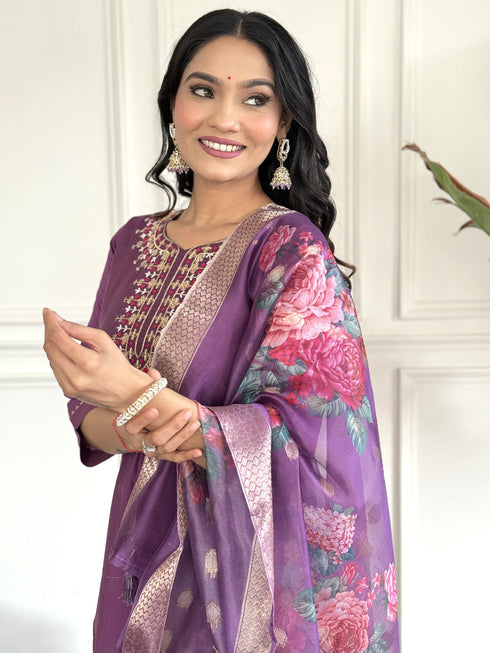 Purple Viscose Chanderi Pant Suit Acy1448 Closure View