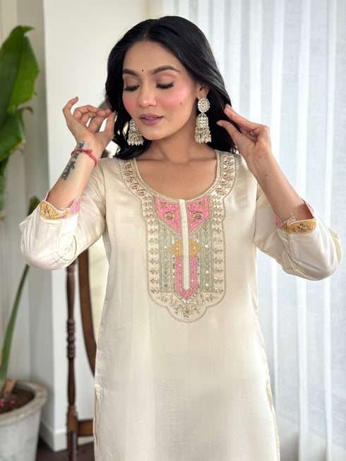 Cream Viscose Chanderi Pant Suit Acy1449