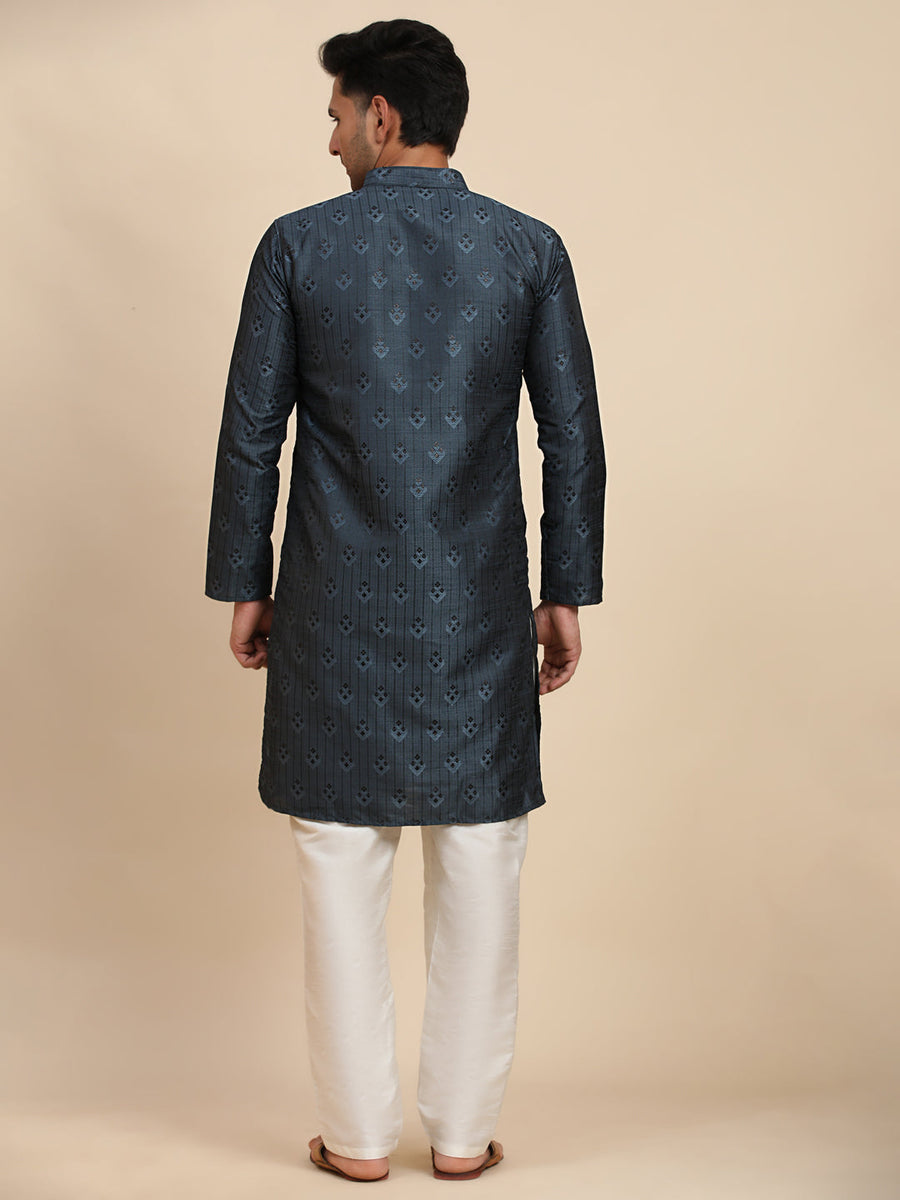 Yellow Men's Wear Readymade Kurta Payjama With Designer Wevon Printed Work main image 1