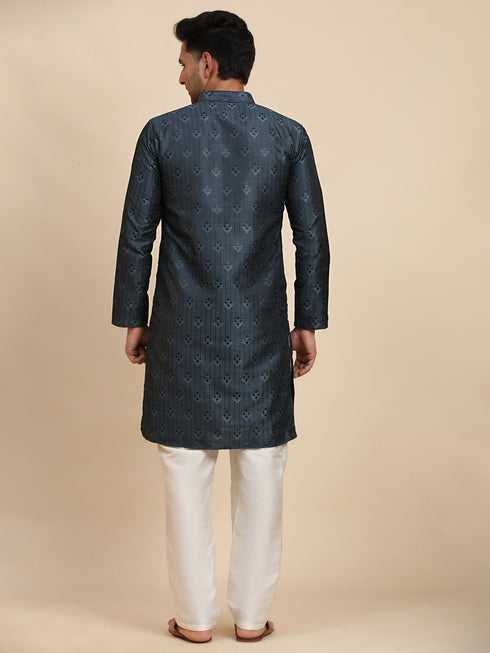 Navy Blue Kurta Viscose Jacquard payjama Closure View