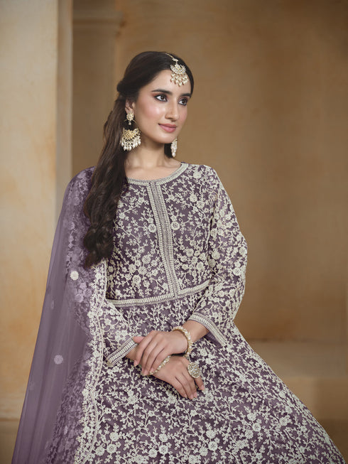 Purple Net Anarkali Dress Acy1842 Back View