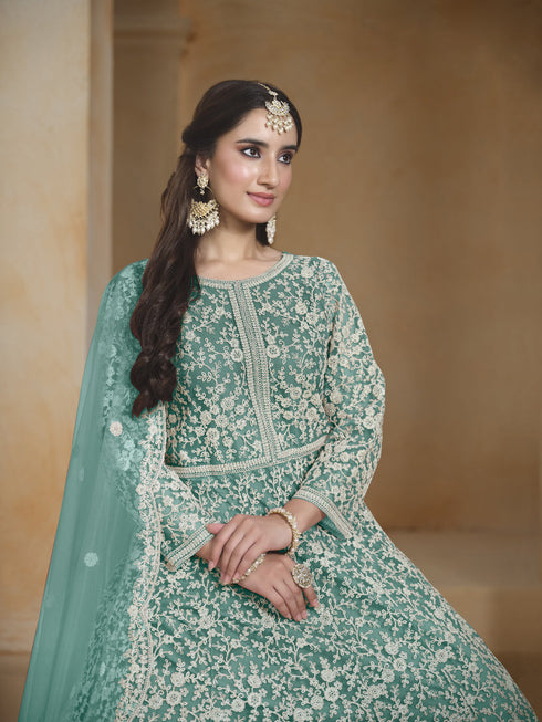 Sea Green Net Anarkali Dress Acy1843 Back View