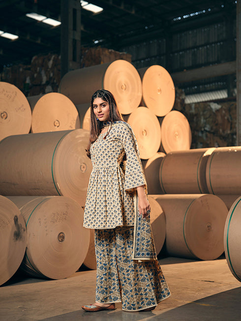 Beige Cotton Palazzo Suit Acy2937 Closure View