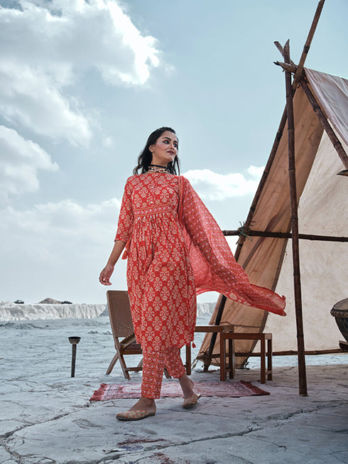 Orange Cotton Palazzo Suit Acy2941 Closure View