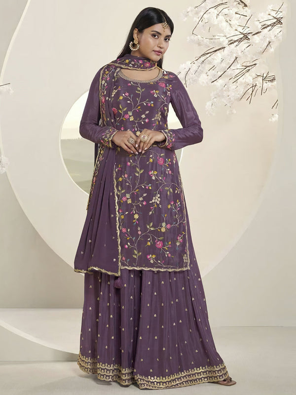 Purple Chinon Sharara Suit Acy6893