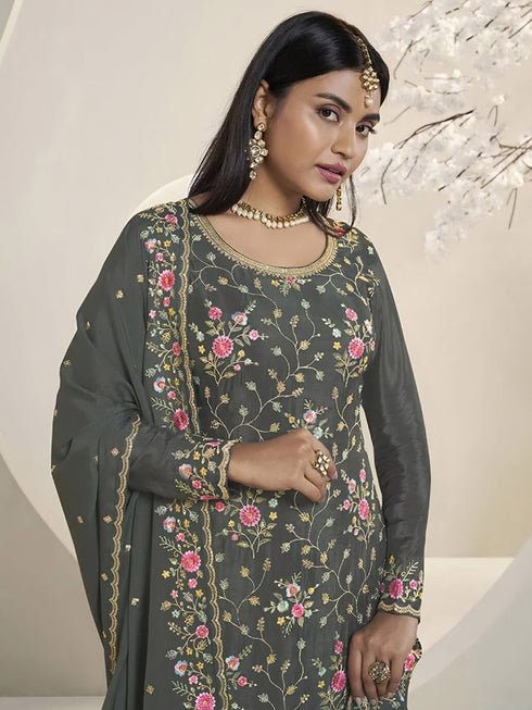 Green Chinon Sharara Suit Acy6894 Back View