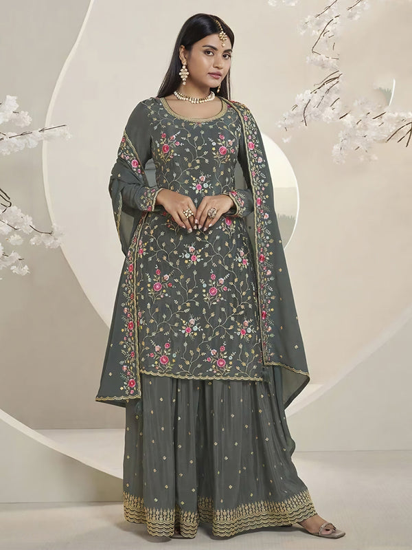 Green Chinon Sharara Suit Acy6894
