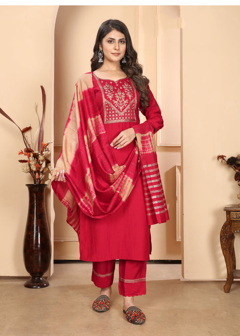 Red Readymade Pant Suit With Designer Sequance Embroidery Work