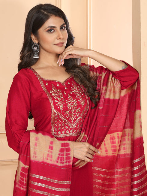 Red Vertical Silk Pant Suit Acy6900 Back View