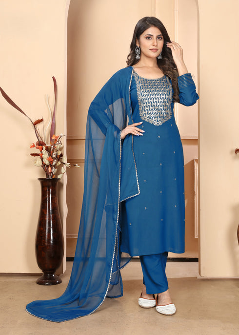 Blue Readymade Pant Suit With Designer Sequance Embroidery Work