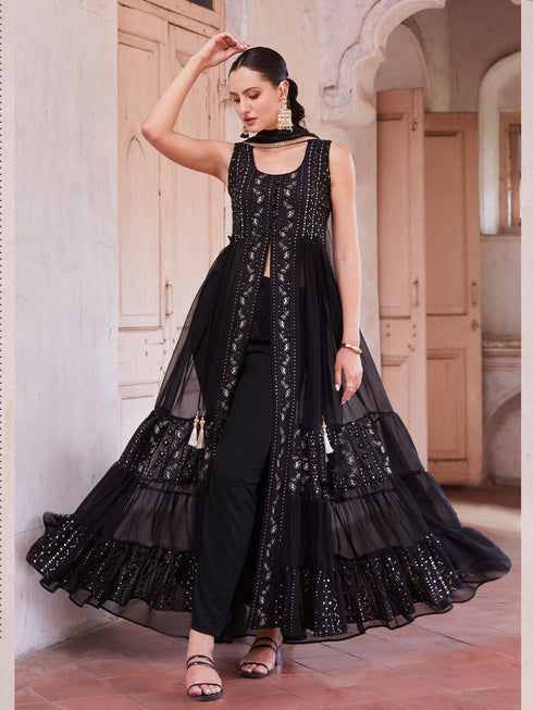 Black Georgette Pant Suit Acy6907 Closure View