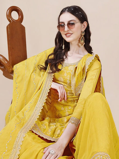 Yellow Viscose Chinon Sharara Suit Acy6936 Back View