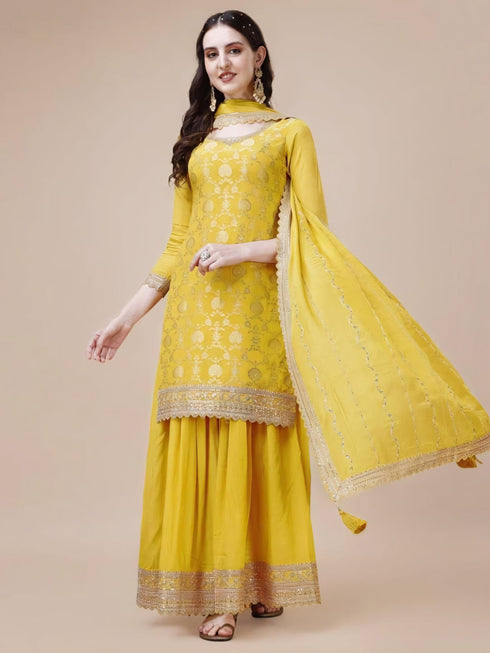 Yellow Viscose Chinon Sharara Suit Acy6936