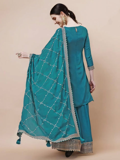 Blue Viscose Chinon Sharara Suit Acy6938 Closure View