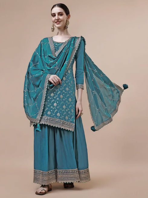Blue Viscose Chinon Sharara Suit Acy6938
