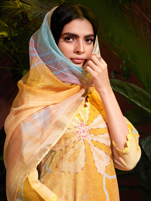 Mustard Linen Cotton Pant Suit Acy7055 Back View