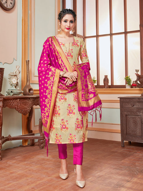Cream Banarasi Silk Pant Suit Acy7201