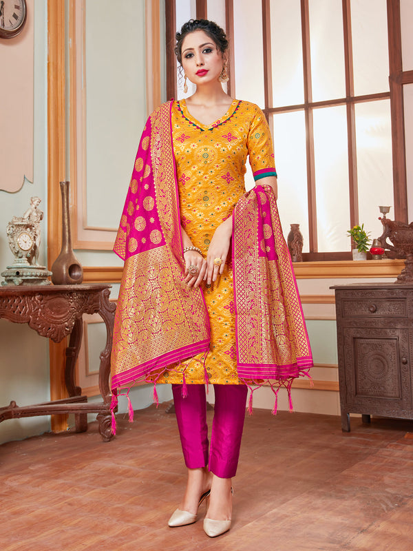 Yellow Banarasi Silk Pant Suit Acy7202