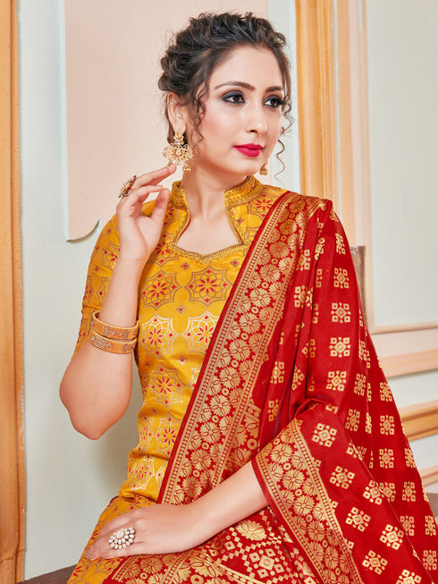 Yellow Banarasi Silk Pant Suit Acy7204 Back View