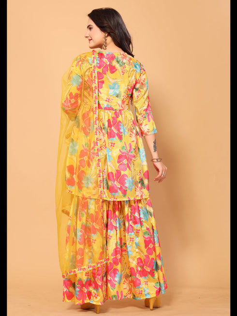 Yellow Viscose Chinon Crochet Sharara Suit Acy7296 Closure View