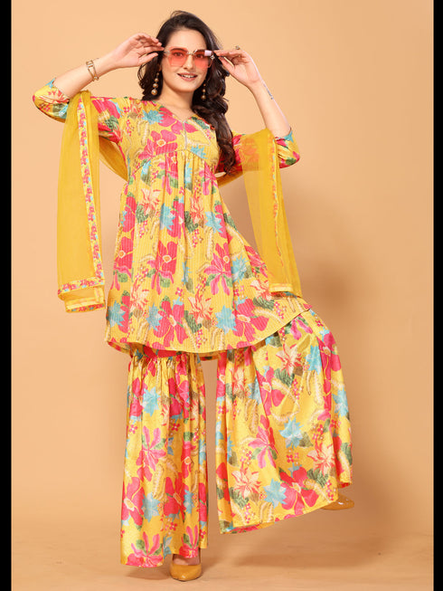 Yellow Viscose Chinon Crochet Sharara Suit Acy7296 Salwar Kameez