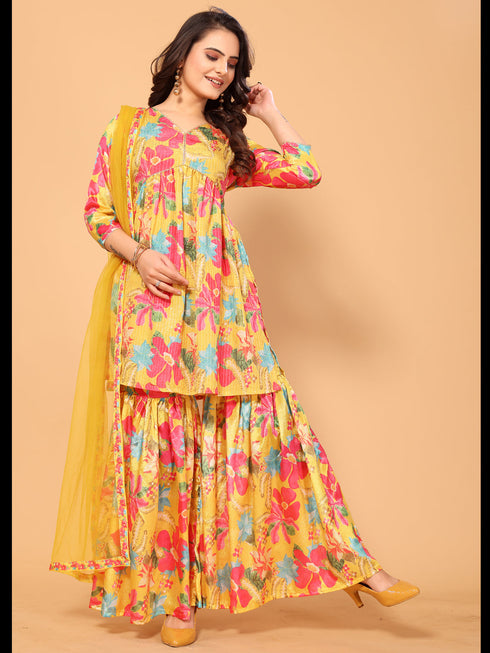 Yellow Viscose Chinon Crochet Sharara Suit Acy7296