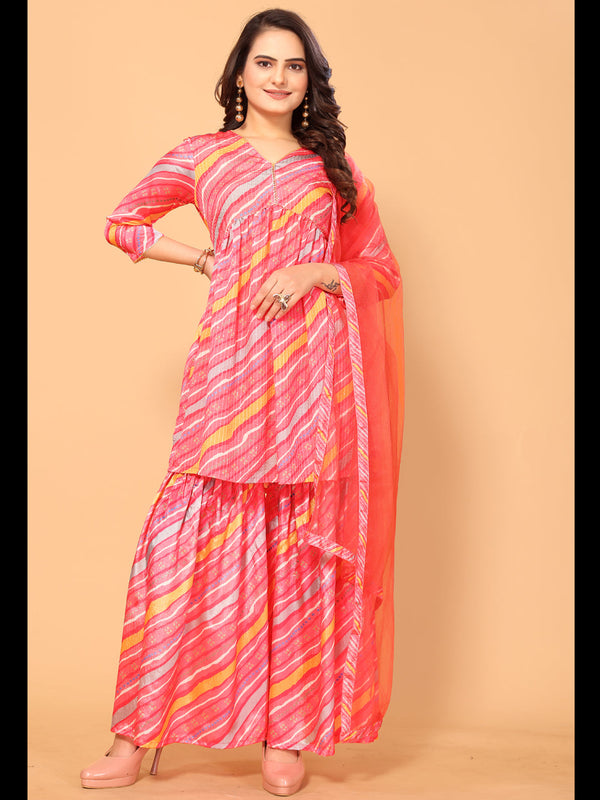 Pink Viscose Chinon Crochet Sharara Suit Acy7297