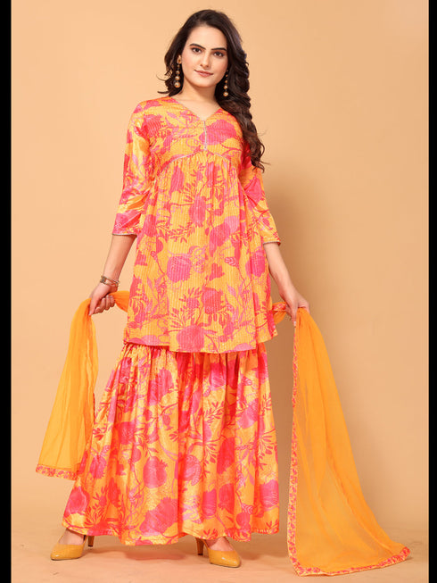 Mustard Viscose Chinon Crochet Sharara Suit Acy7298