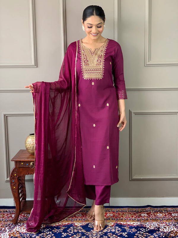 Wine Rayon Slub Pant Suit Acy7484