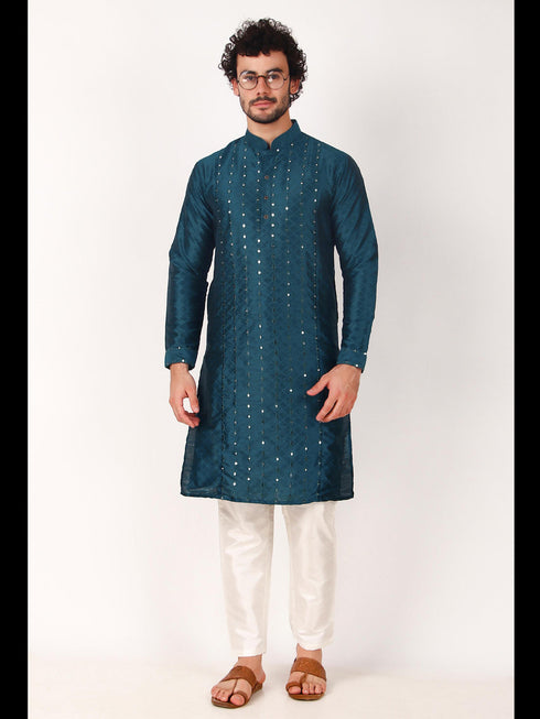 Teal Kurta Art Silk Payjama Closure View